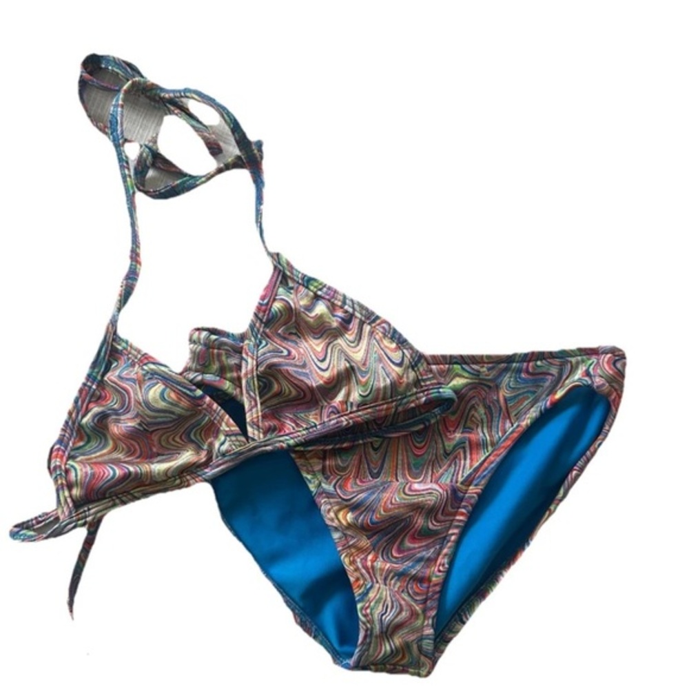 Girls Multicolor Swirl Print Bikini Set - Blue Lined